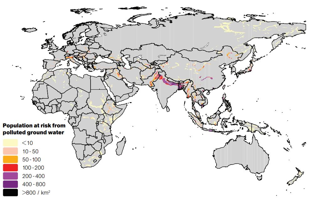 Map of arsenic groundwater contamination in four continents (from GeographyNOW, issue 1, 2008)