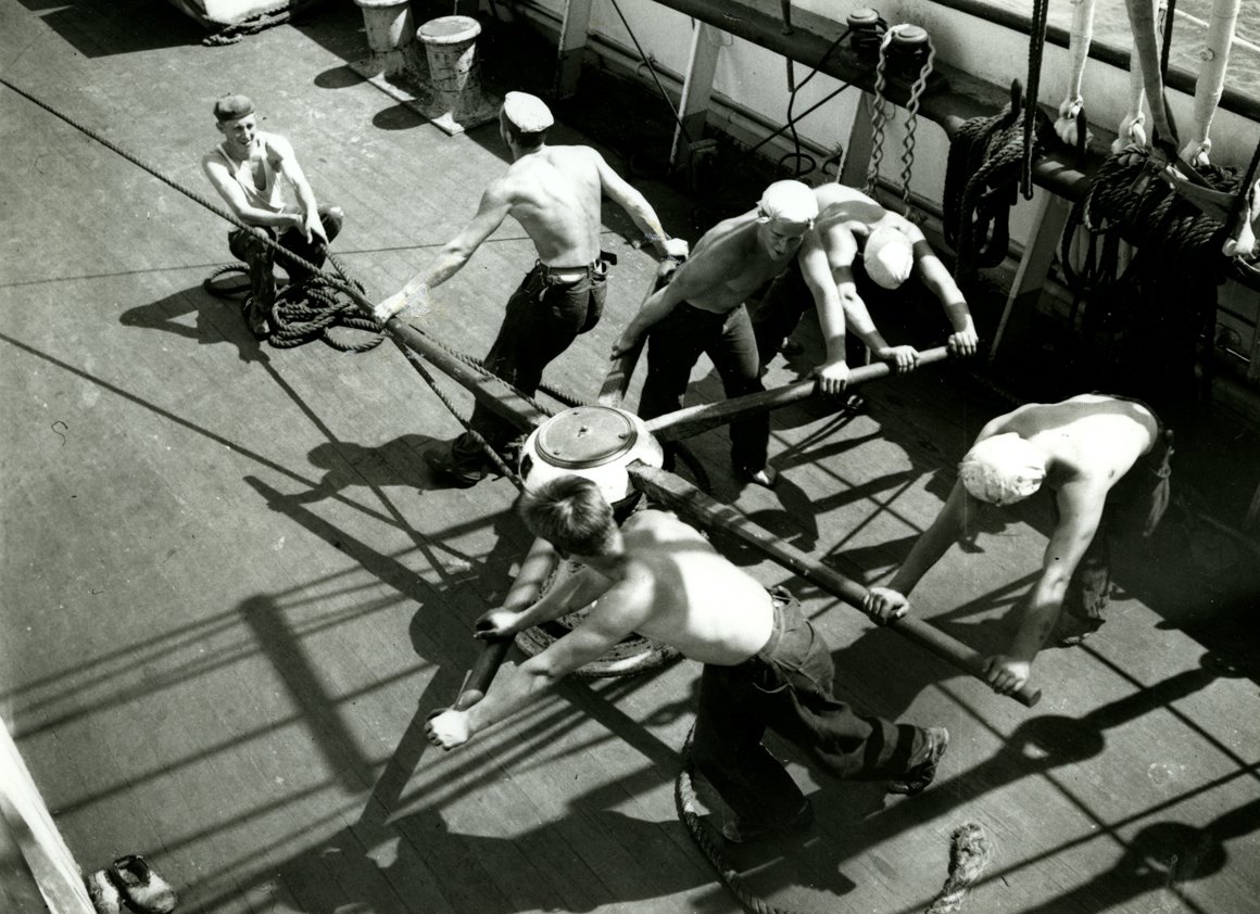 ‘Capstan work. Sending a royal aloft.' Photograph by Eric Newby, 1938