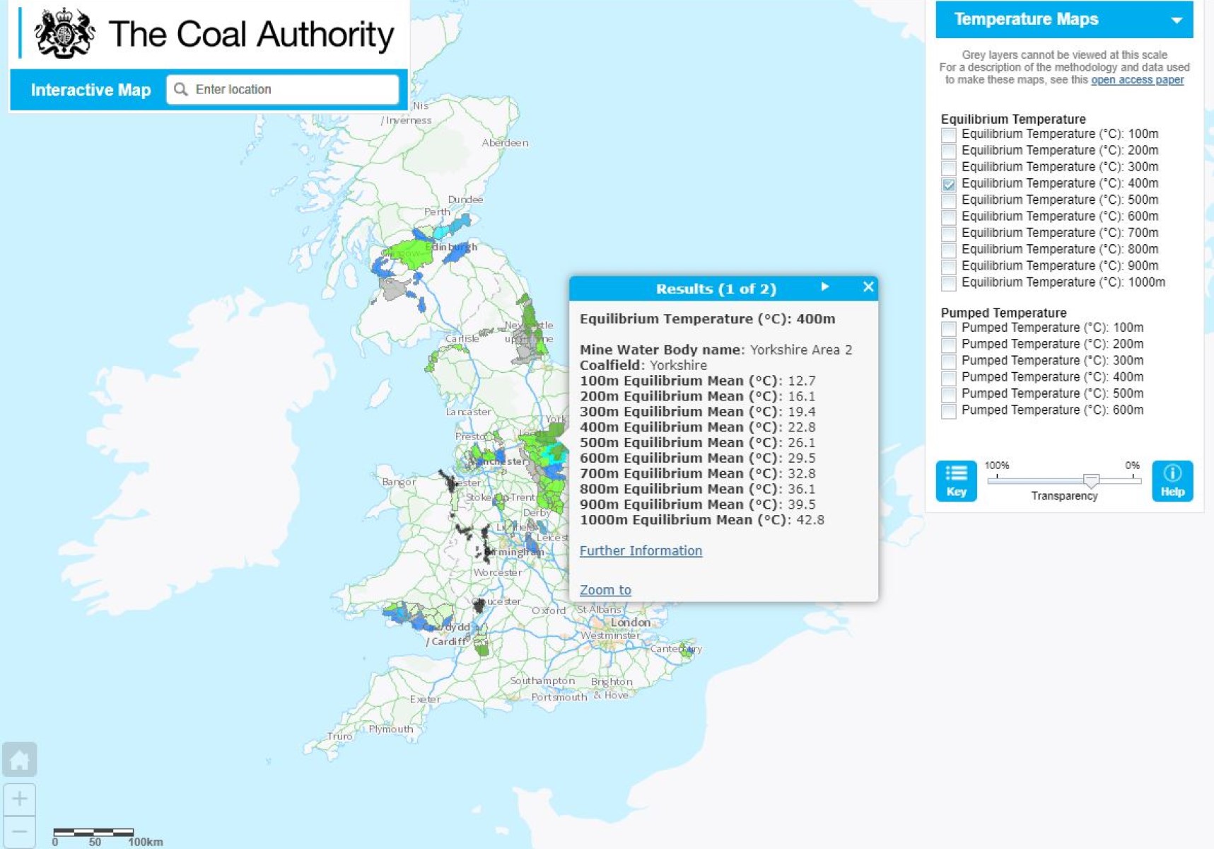 Coal Authority Viewer showing temperatures at 400m below the ground in British Coalfields.
