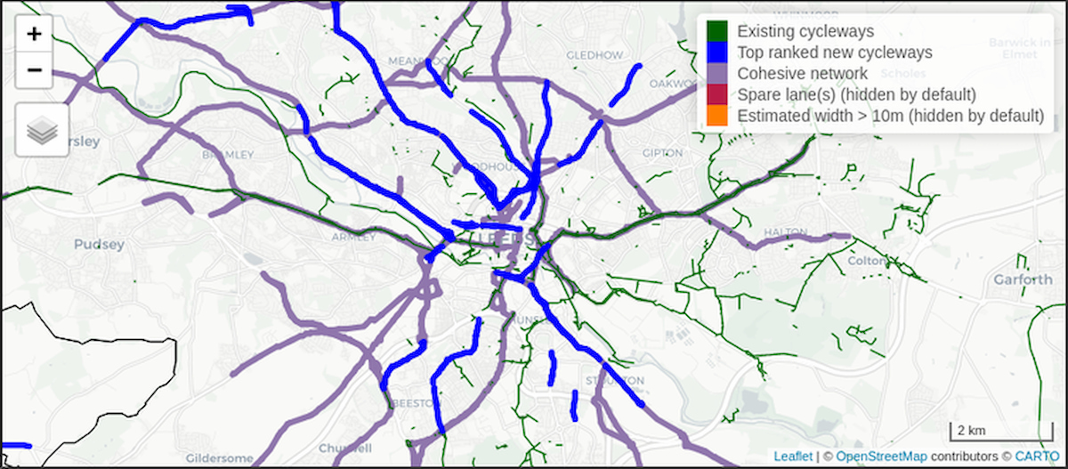 The map output of the Rapid Cycleway Prioritisation Tool for West Yorkshire, zoomed in on Leeds.