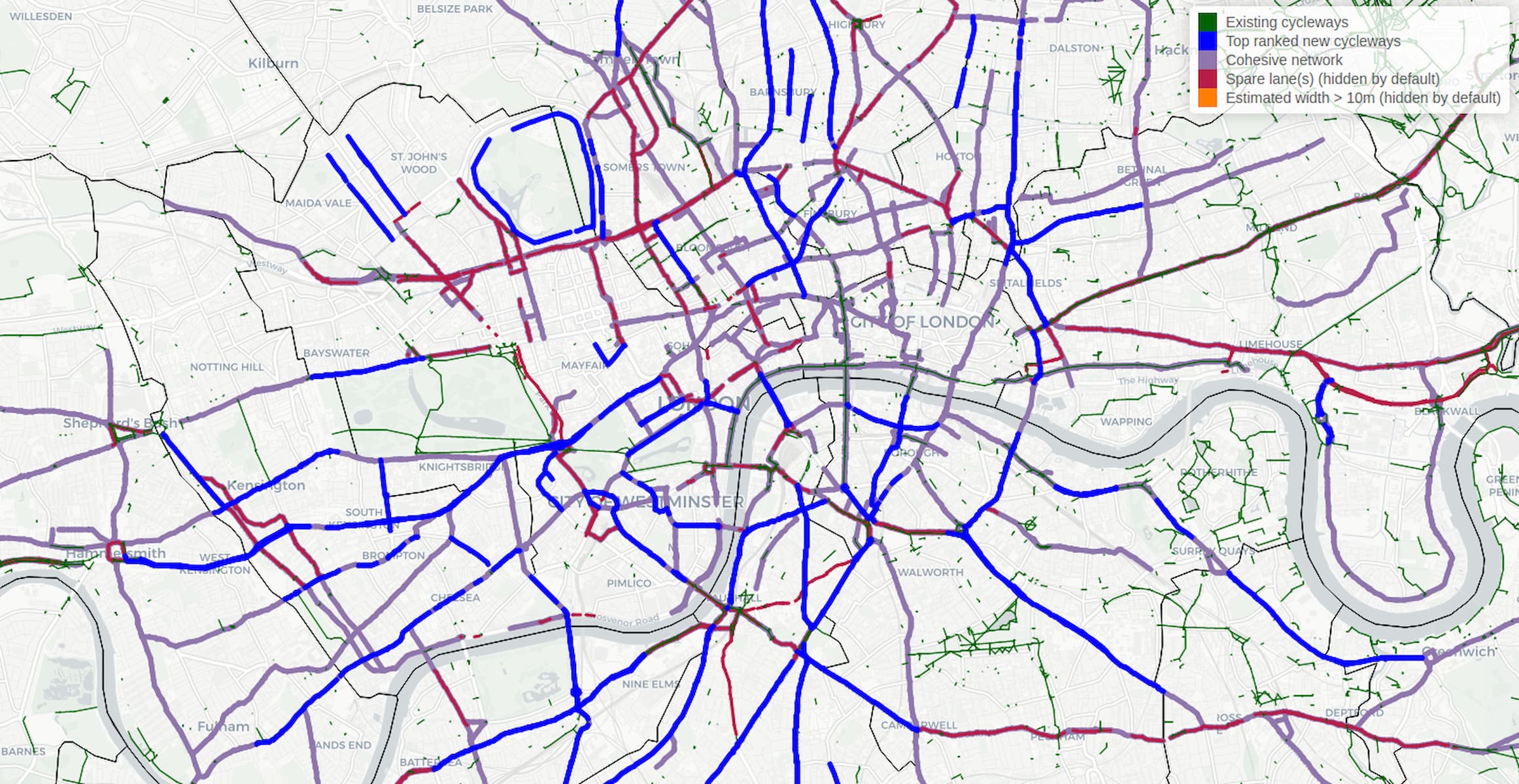 The map output of the Rapid Cycleway Prioritisation Tool for London