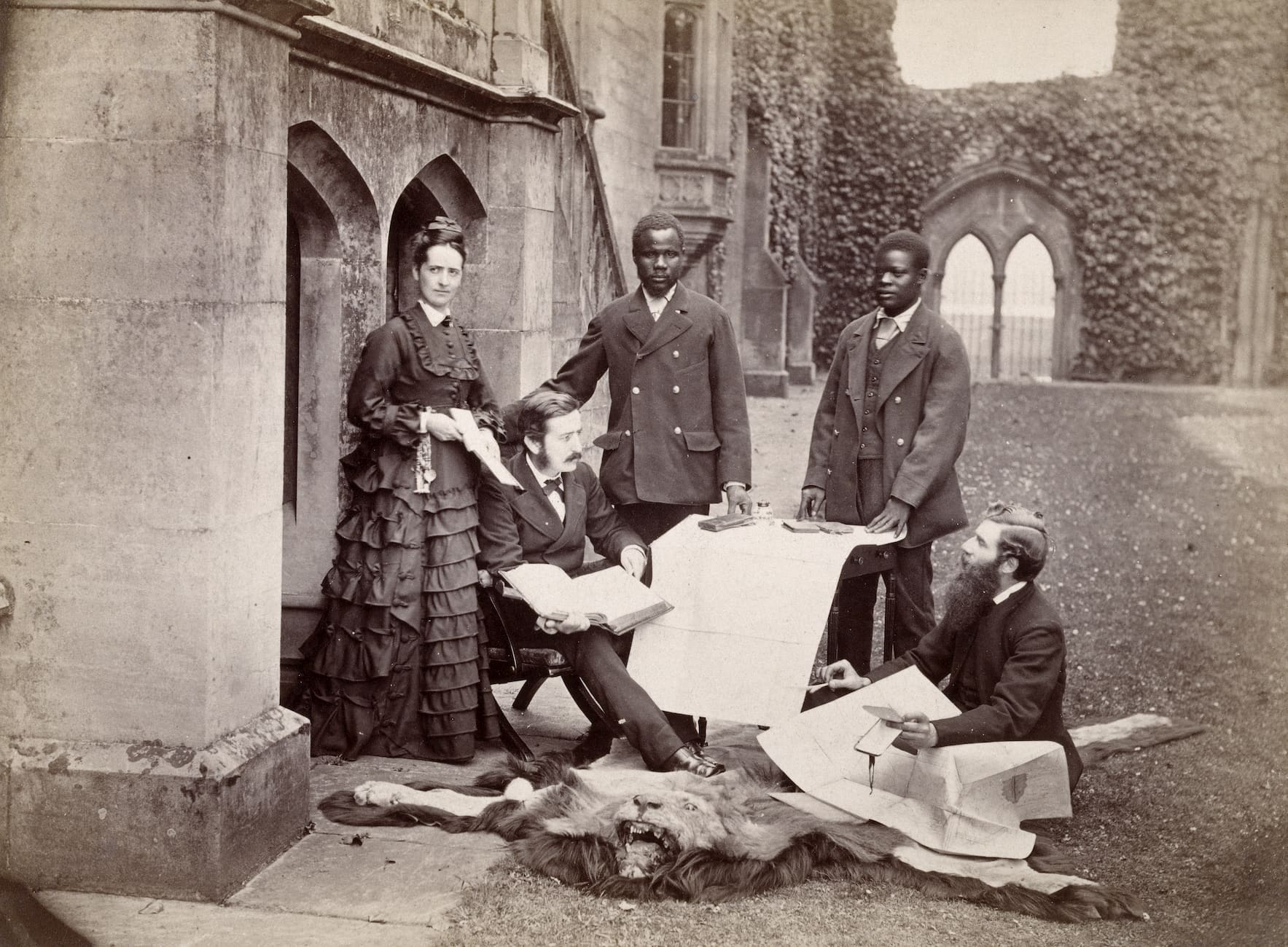 From left to right: Agnes Livingstone, Thomas Livingstone, daughter and son of David Livingstone, Abdullah Susi, James Chuma and Reverend Horace Waller, by R Allen & Sons, 1874