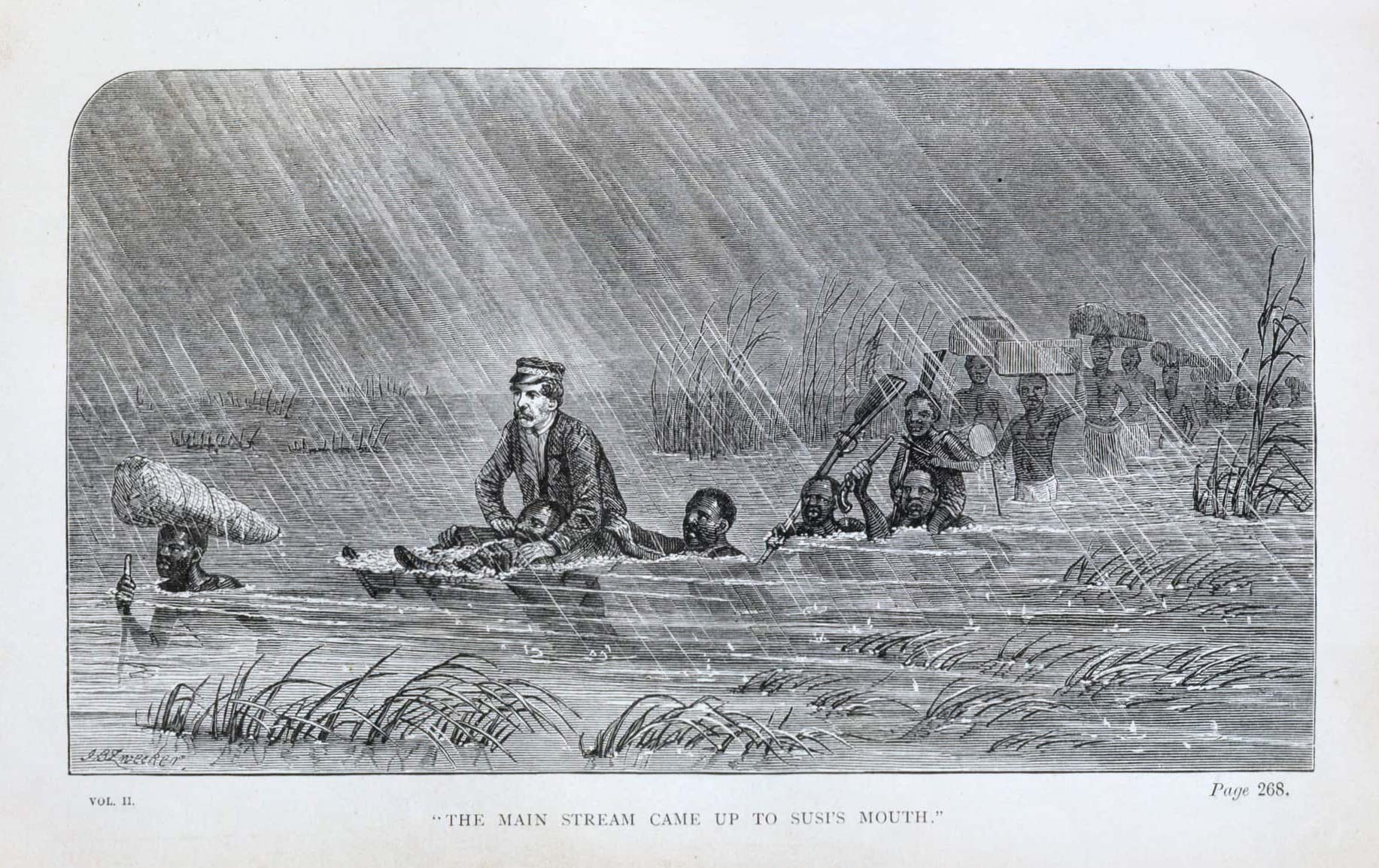 'The main stream came up to Susi's mouth'.  Illustration from Missionary travels and researches in South Africa (London: John Murray 1857) Author: David Livingstone