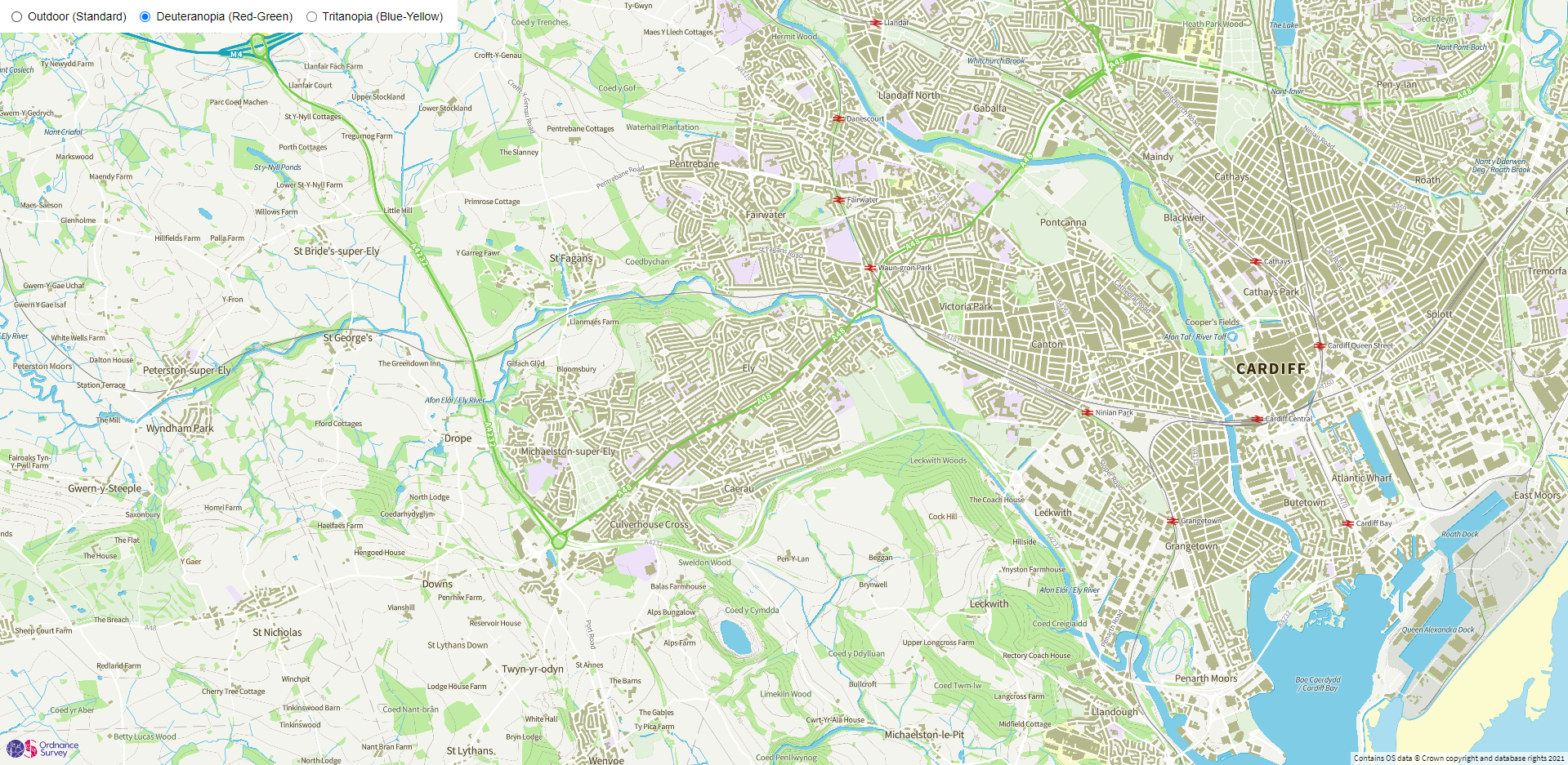 Map of Cardiff in Deuteranopia (Red-Green) Style